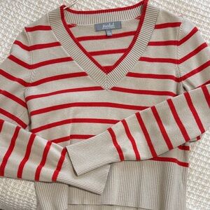 Marled V-Neck Sweater with Red and Tan Stripes